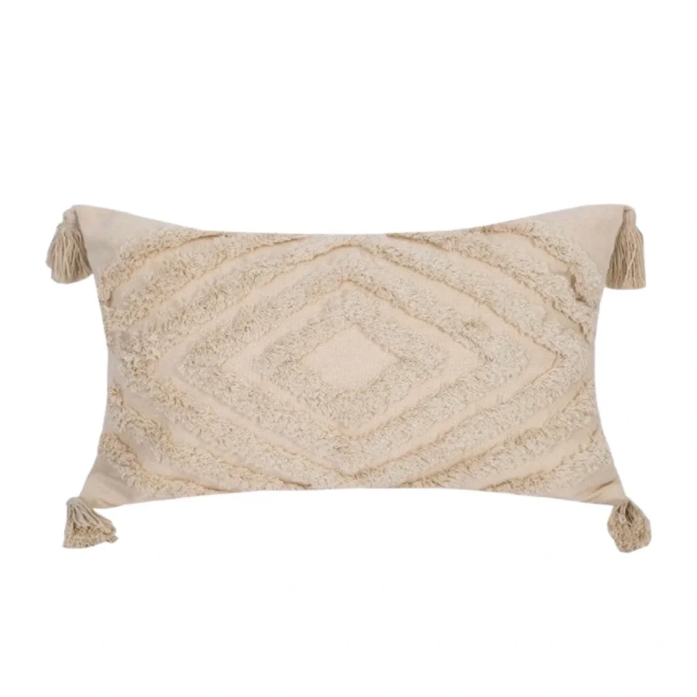 Luxury Home | Ivory Boho Moroccan Tufted Tassel Corner Lumbar Throw Pillow Cover